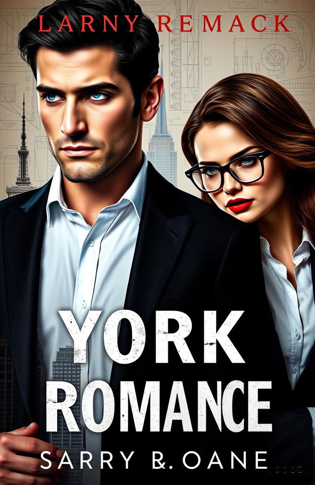 A dark romance ebook cover featuring a handsome mobster with dark hair and piercing blue eyes, elegantly dressed in a sleek black suit, standing confidently in front of a stunning woman with chestnut brown hair and full red lips, exuding elegance in her sharp executive outfit and stylish, seductive glasses