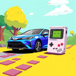 A creative and playful illustration featuring a Toyota car alongside a classic Game Boy console