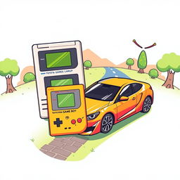 A creative and playful illustration featuring a Toyota car alongside a classic Game Boy console