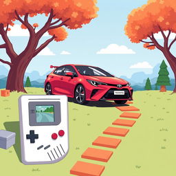 A creative and playful illustration featuring a Toyota car alongside a classic Game Boy console