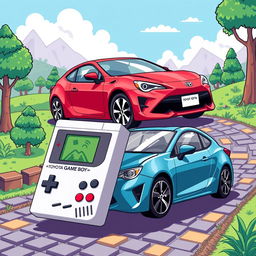 A creative and playful illustration featuring a Toyota car alongside a classic Game Boy console