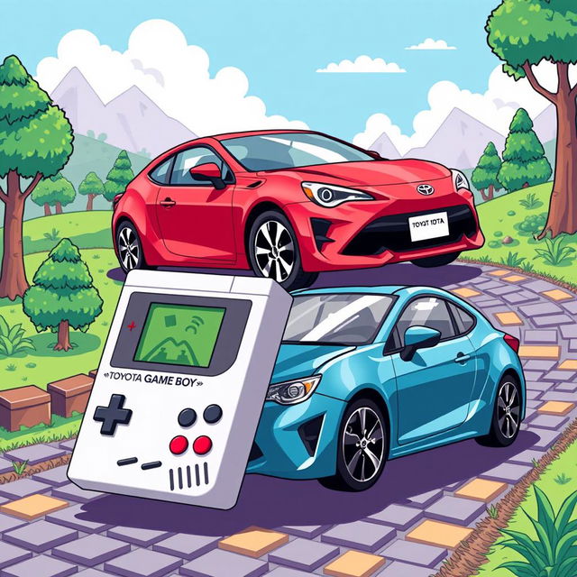 A creative and playful illustration featuring a Toyota car alongside a classic Game Boy console