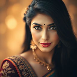 A beautiful portrait of a woman inspired by Aishwarya Rai, showcasing her stunning features with captivating deep brown eyes, long flowing black hair, and radiant skin