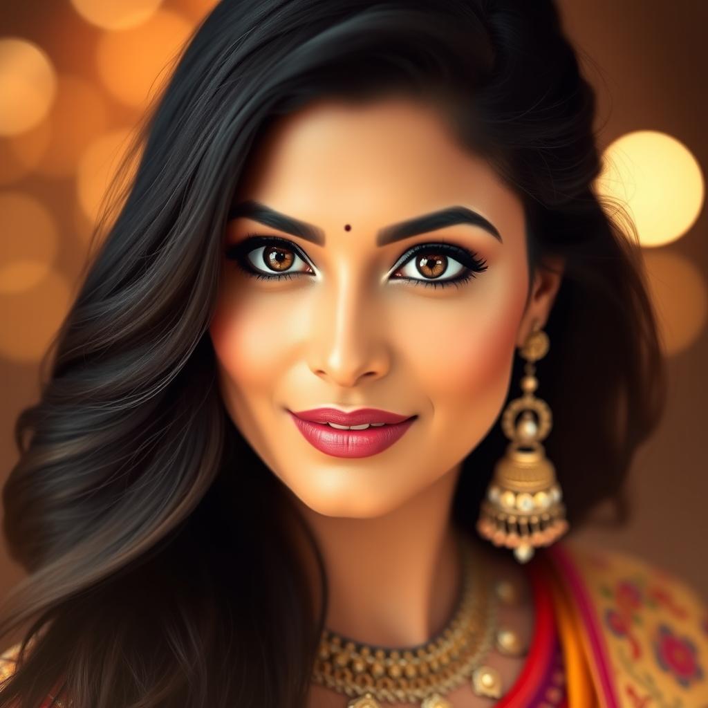 A beautiful portrait of a woman inspired by Aishwarya Rai, showcasing her stunning features with captivating deep brown eyes, long flowing black hair, and radiant skin