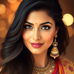 A beautiful portrait of a woman inspired by Aishwarya Rai, showcasing her stunning features with captivating deep brown eyes, long flowing black hair, and radiant skin