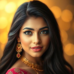 A beautiful portrait of a woman inspired by Aishwarya Rai, showcasing her stunning features with captivating deep brown eyes, long flowing black hair, and radiant skin