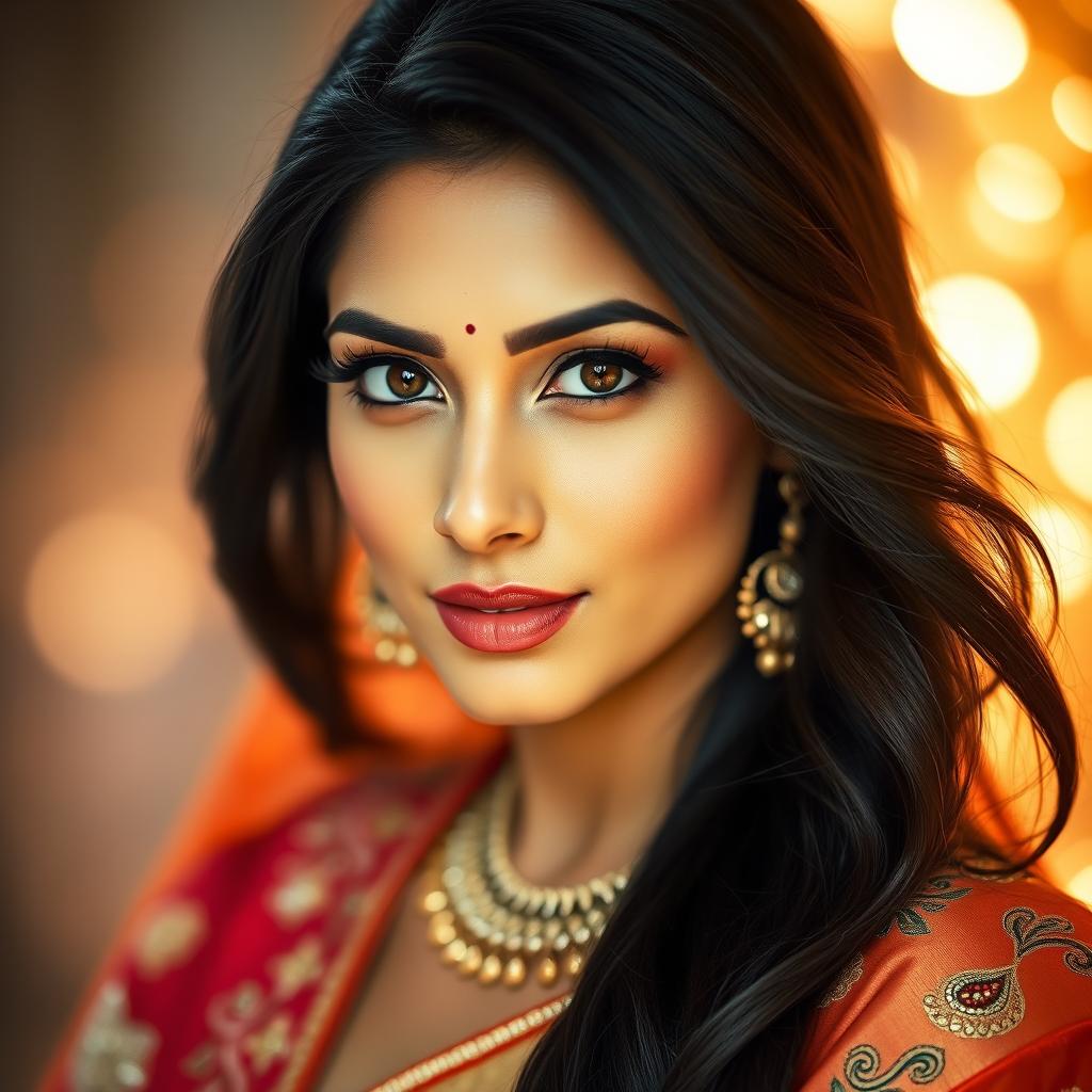 A beautiful portrait of a woman inspired by Aishwarya Rai, showcasing her stunning features with captivating deep brown eyes, long flowing black hair, and radiant skin