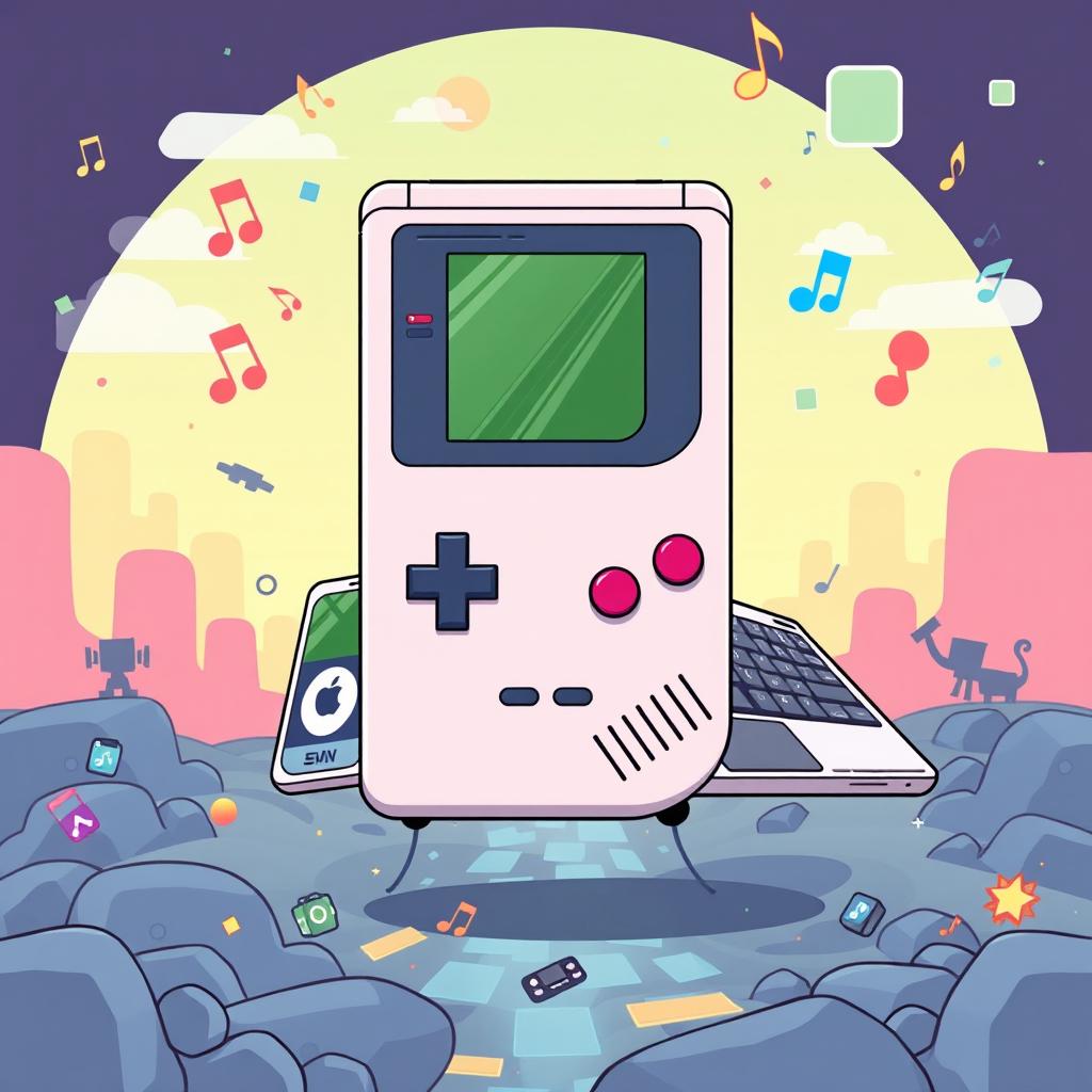 A creative illustration featuring a hybrid device that combines elements of a Game Boy, an iPod, and a laptop