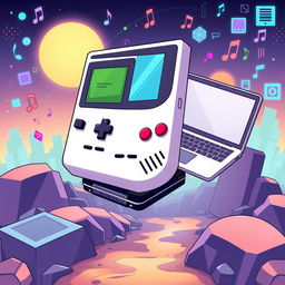 A creative illustration featuring a hybrid device that combines elements of a Game Boy, an iPod, and a laptop