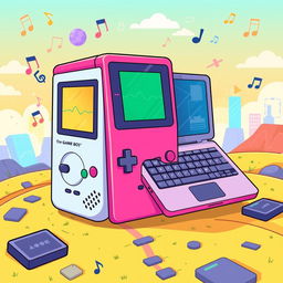A creative illustration featuring a hybrid device that combines elements of a Game Boy, an iPod, and a laptop