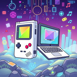 A creative illustration featuring a hybrid device that combines elements of a Game Boy, an iPod, and a laptop