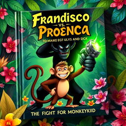 A vibrant book cover design featuring Francisco, a brave monkey with a determined expression, standing heroically against a dark and ominous figure representing Proença, the devil