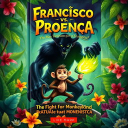 A vibrant book cover design featuring Francisco, a brave monkey with a determined expression, standing heroically against a dark and ominous figure representing Proença, the devil