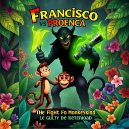 A vibrant book cover design featuring Francisco, a brave monkey with a determined expression, standing heroically against a dark and ominous figure representing Proença, the devil