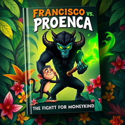 A vibrant book cover design featuring Francisco, a brave monkey with a determined expression, standing heroically against a dark and ominous figure representing Proença, the devil