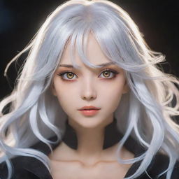 Anime girl with bright golden eyes and silvery white hair, exuding an aura of mystique