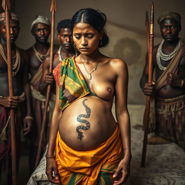 A poignant photograph of a worried, bruised, tired, and exhausted young pregnant Indian woman clad in a vibrant saree, her exposed midsection revealing a detailed snake tattoo symbolizing her strength