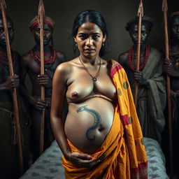 A poignant photograph of a worried, bruised, tired, and exhausted young pregnant Indian woman clad in a vibrant saree, her exposed midsection revealing a detailed snake tattoo symbolizing her strength