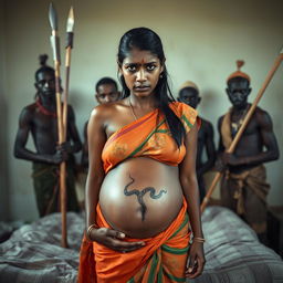 A poignant photograph of a worried, bruised, tired, and exhausted young pregnant Indian woman clad in a vibrant saree, her exposed midsection revealing a detailed snake tattoo symbolizing her strength