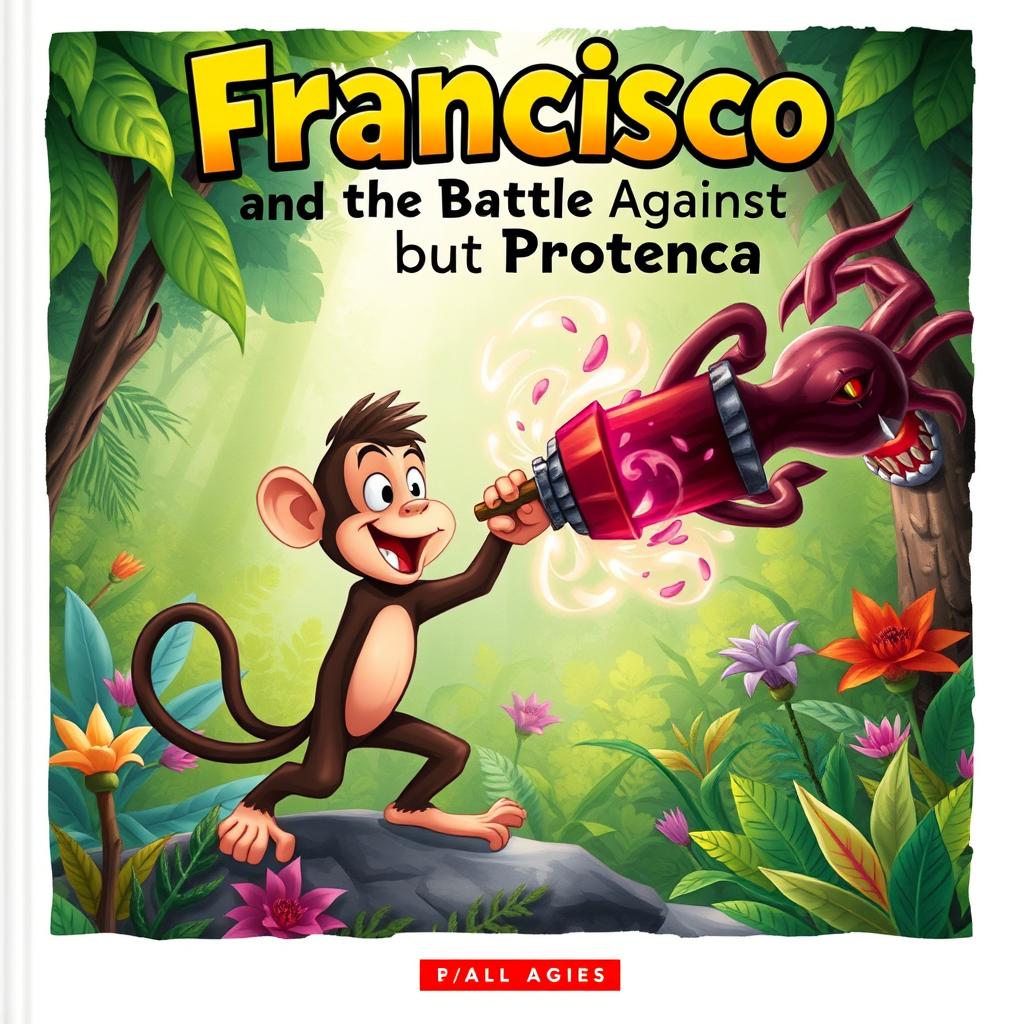 An engaging book cover illustration featuring Francisco, a brave and charismatic monkey, depicted in action as he confronts Proença, a menacing devil figure