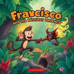 An engaging book cover illustration featuring Francisco, a brave and charismatic monkey, depicted in action as he confronts Proença, a menacing devil figure