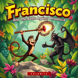 An engaging book cover illustration featuring Francisco, a brave and charismatic monkey, depicted in action as he confronts Proença, a menacing devil figure