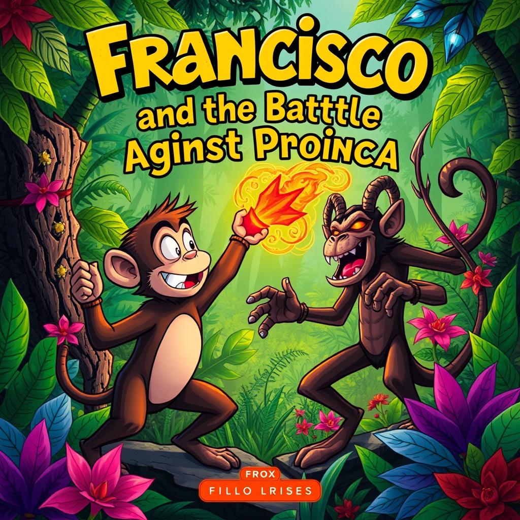 An engaging book cover illustration featuring Francisco, a brave and charismatic monkey, depicted in action as he confronts Proença, a menacing devil figure