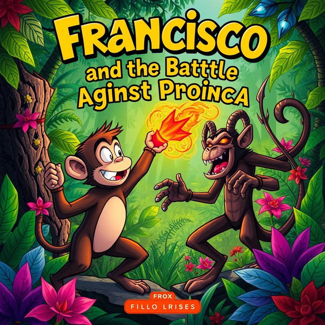 An engaging book cover illustration featuring Francisco, a brave and charismatic monkey, depicted in action as he confronts Proença, a menacing devil figure