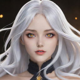 Anime girl with bright golden eyes and silvery white hair, exuding an aura of mystique