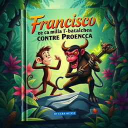A captivating book cover design in Portuguese, featuring Francisco, a brave and clever monkey, depicted in an action pose as he stands defiantly against Proença, a terrifying devil figure