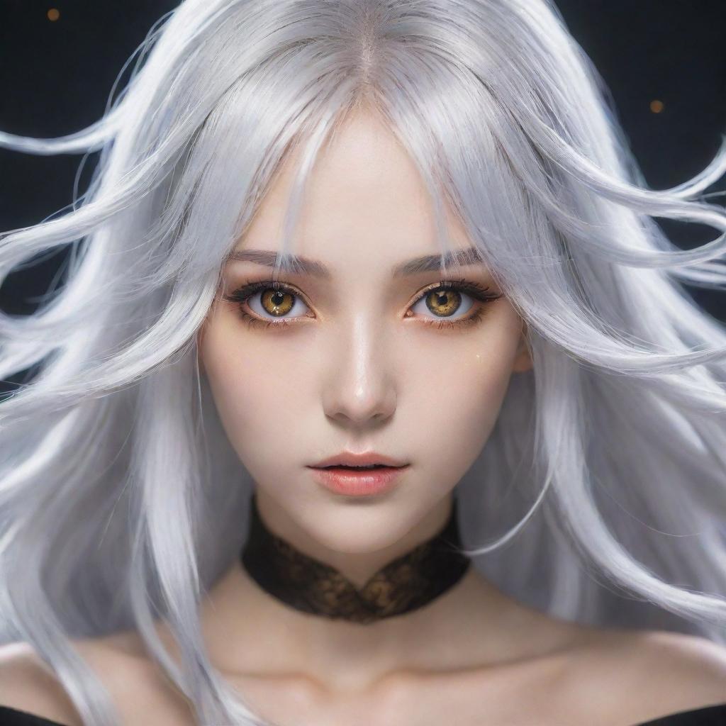 Anime girl with bright golden eyes and silvery white hair, exuding an aura of mystique