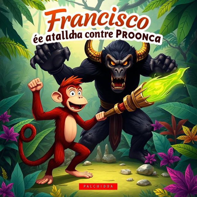 A captivating book cover design in Portuguese, featuring Francisco, a brave and clever monkey, depicted in an action pose as he stands defiantly against Proença, a terrifying devil figure