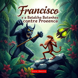 A captivating book cover design in Portuguese, featuring Francisco, a brave and clever monkey, depicted in an action pose as he stands defiantly against Proença, a terrifying devil figure