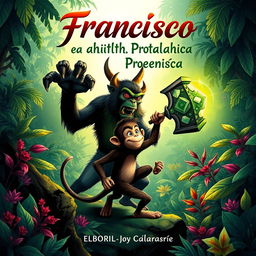 A captivating book cover design in Portuguese, featuring Francisco, a brave and clever monkey, depicted in an action pose as he stands defiantly against Proença, a terrifying devil figure