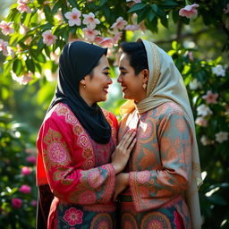 A romantic photo of a couple from Indonesia, showcasing their love in a beautiful outdoor setting