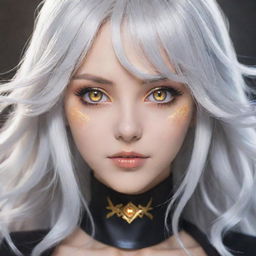 Anime girl with bright golden eyes and silvery white hair, exuding an aura of mystique