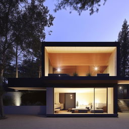 Two-story block house with no glass on the ground floor. The slightly more expensive upper floor features a glass roof balcony, all bathed in soft, light-colored lighting.