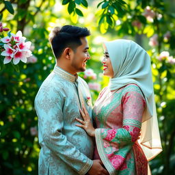 A romantic photo of a couple from Indonesia, showcasing their love in a beautiful outdoor setting