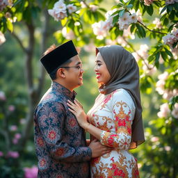 A romantic photo of a couple from Indonesia, showcasing their love in a beautiful outdoor setting