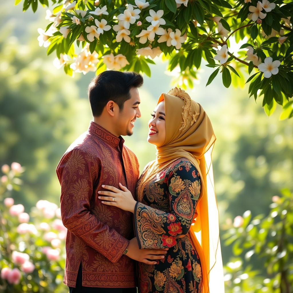 A romantic photo of a couple from Indonesia, showcasing their love in a beautiful outdoor setting