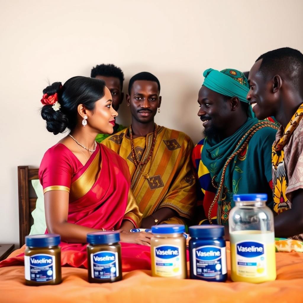 A striking image of an Indian lady and a group of African men facing each other across a simple bed