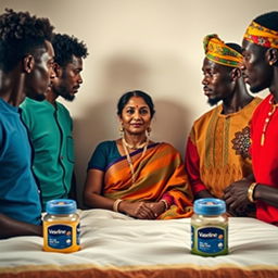 A striking image of an Indian lady and a group of African men facing each other across a simple bed