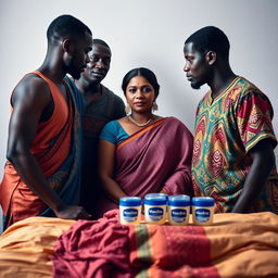 A striking image of an Indian lady and a group of African men facing each other across a simple bed