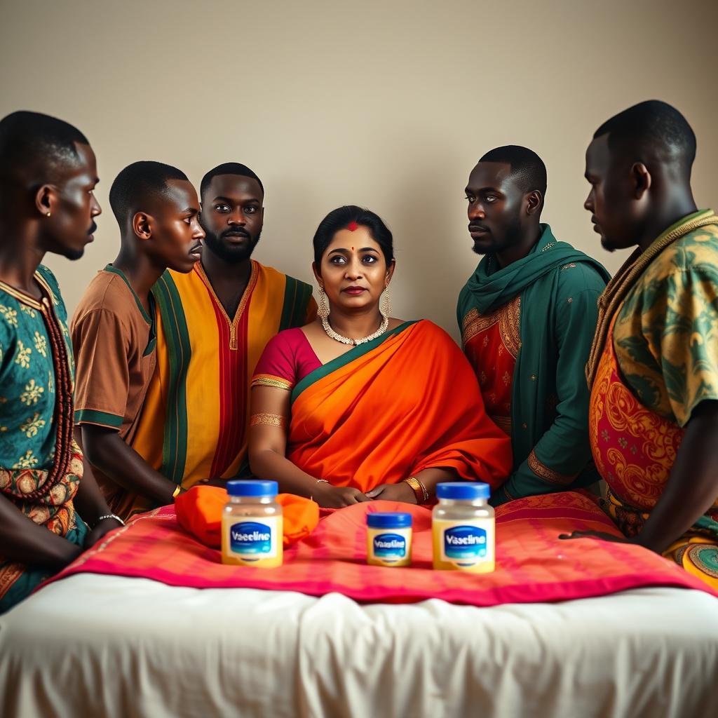 A striking image of an Indian lady and a group of African men facing each other across a simple bed