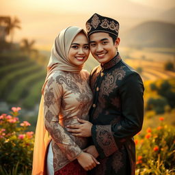 A front-facing romantic photo of a couple from Indonesia, capturing their love and connection in a picturesque outdoor setting