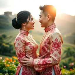 A front-facing romantic photo of a couple from Indonesia, capturing their love and connection in a picturesque outdoor setting