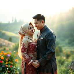 A front-facing romantic photo of a couple from Indonesia, capturing their love and connection in a picturesque outdoor setting