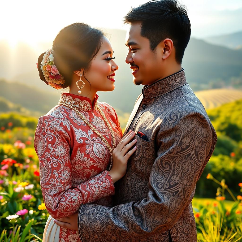 A front-facing romantic photo of a couple from Indonesia, capturing their love and connection in a picturesque outdoor setting