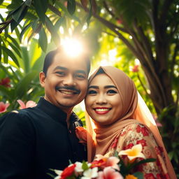 A romantic photo of a couple from Indonesia, featuring their faces positioned towards the front, displaying genuine smiles and joyful expressions