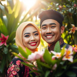 A romantic photo of a couple from Indonesia, featuring their faces positioned towards the front, displaying genuine smiles and joyful expressions